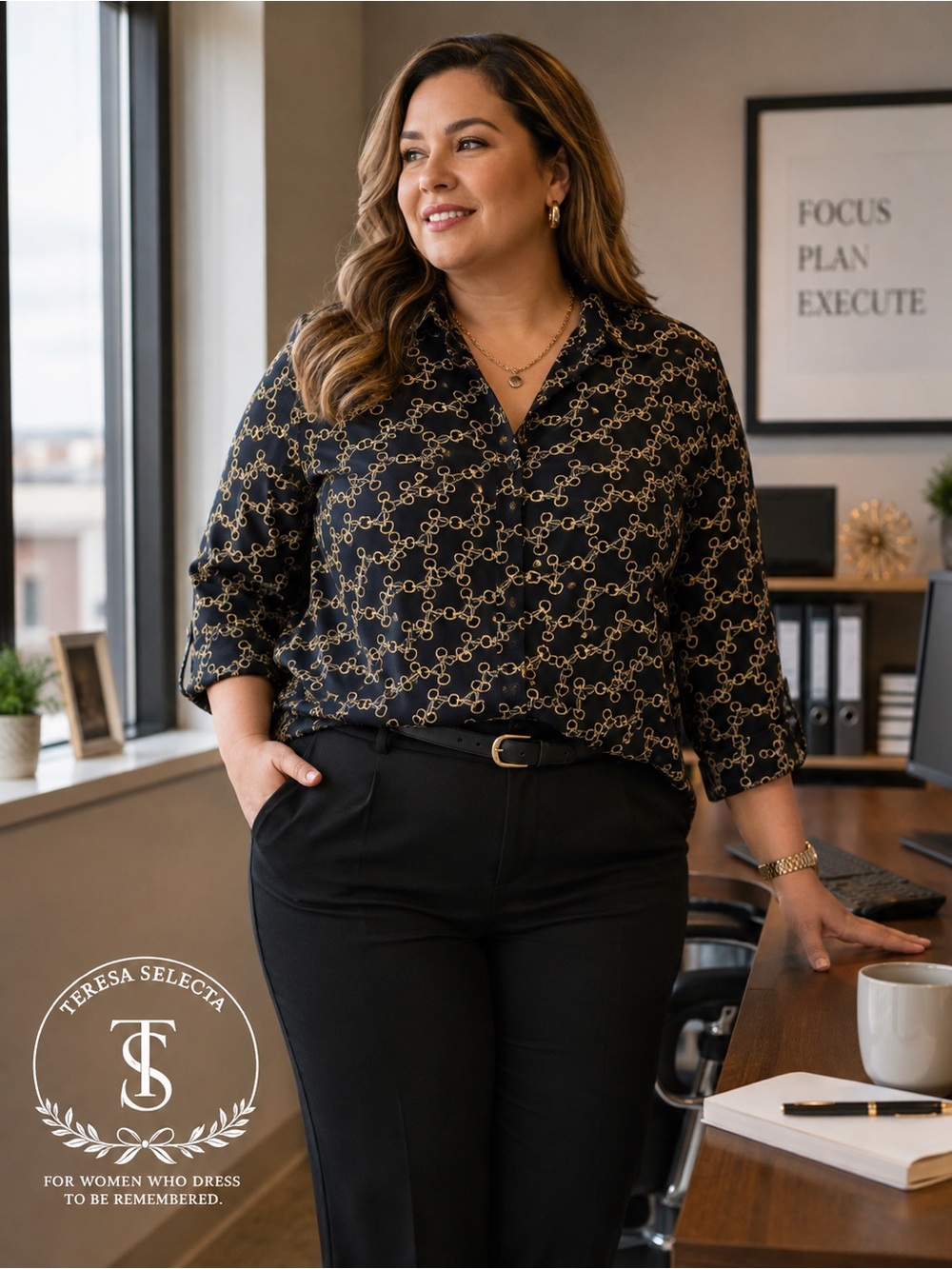 Foxcroft Shaped Fit Black Gold Horse Bit Print Button Down Shirt Women